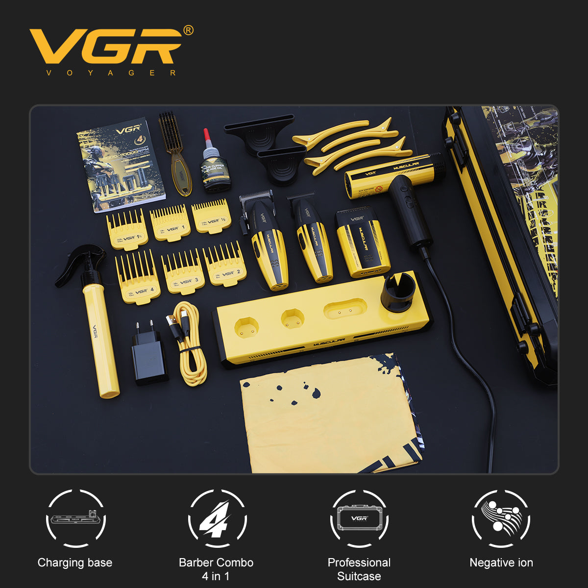 VGR V-285 S4 – popoln profesionalni barberski set s kovčkom, nastavki in dodatki